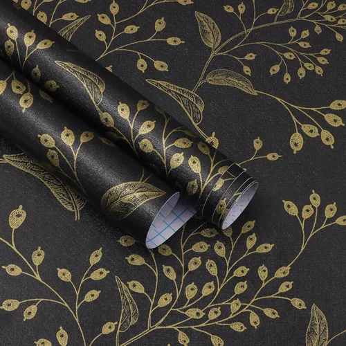 Heroad Papel Tapiz Autoadhesivo Despegar y Pegar Negro Papel de Contacto Floral Dorado Papel Tapiz Moderno Boho Removible Papel de Contacto para