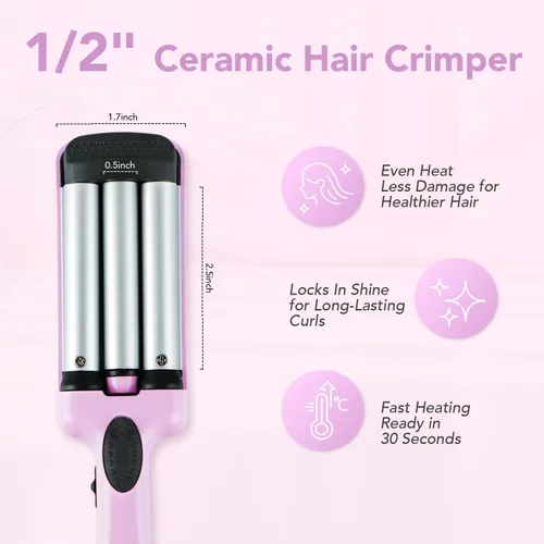 Miniatura 4 de Mini rizador de pelo, rizador de 3 barriles de 1/2 pulgada con doble voltaje, rizador de playa de viaje para cabello corto a mediano, morado