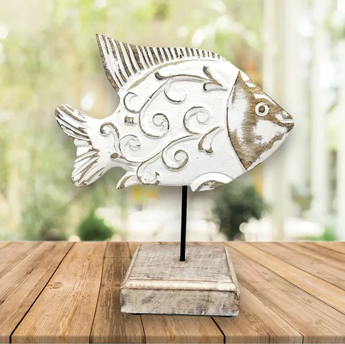 Miniatura 8 de Beau - Estatua de pescado de mantequilla en base Escultura de pescado de madera hecha a mano para casa náutica de playa, centro de mesa rústico