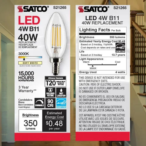Miniatura 8 de Satco S21265 - Bombilla LED B11 de 4 W, 3000 K (2 bombillas)