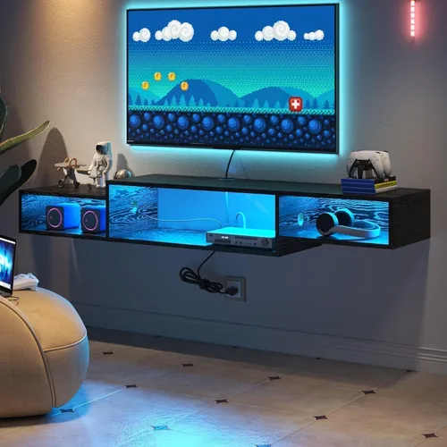 Miniatura 3 de 4 EVER WINNER Soporte flotante para TV con toma de corriente, estante flotante de TV de 59 pulgadas con luces LED y almacenamiento, centro