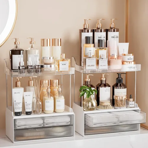 Miniatura 11 de Delamu Organizadores y Almacenamiento de Baño, Organizador de Maquillaje de 2 Niveles 2 Cajones para Encimera, Fácil de Instalar, Ideal para Blanco