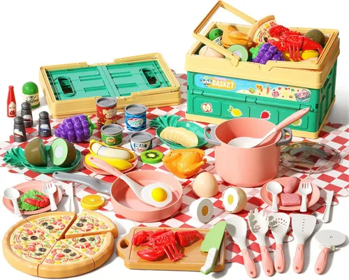 80 piezas de juego de cocina de simulación para niños pequeños, juego de utensilios de cocina con ollas/sartenes/comida/frutas/verduras/manta de Rosa