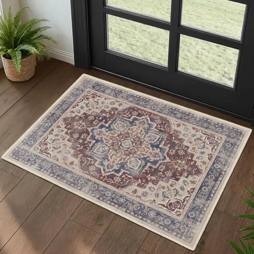 Miniatura 75 de Alfombra de pasillo profundo azul 2x8, alfombra de pasillo lavable antideslizante para entrada interior, alfombra de medallón vintage de 0.27