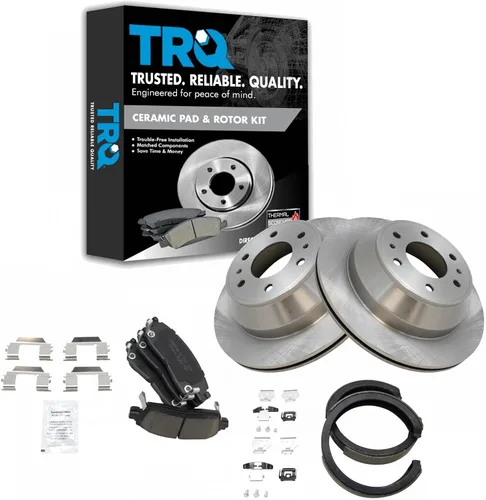 TRQ Kit de pastillas de freno y rotor Posi trasero premium con zapatas de estacionamiento para camión GM SUV