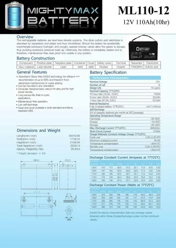 Miniatura 6 de Mighty Max 12 V 110 Ah SLA sustituye a labvolt Solar/Energía Eólica entrenamiento 46120 – 00 producto