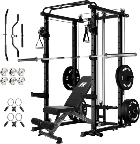 Miniatura 10 de RitFit El paquete multifunción de garaje y gimnasio en casa incluye jaula de potencia de 1200 libras PPC03/P3 con sistema de cruce de cables, banco