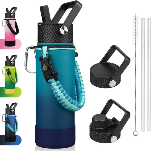 Miniatura 46 de BJPKPK - Botella de agua con tapa de popote, botellas de agua aisladas de 18 onzas con 3 tapas, asa de cuerda de paracaídas y base antideslizante