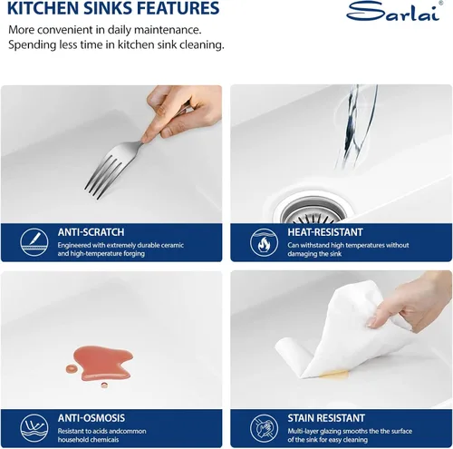 Miniatura 4 de Sarlai - Fregadero de cocina de granja blanco de 33 pulgadas, fregadero de 84 x 51 cm con delantal frontal de cerámica de porcelana vítrea