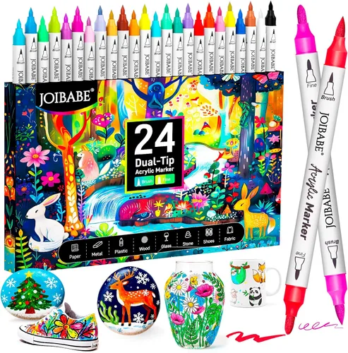 Marcadores de pintura acrílica, juego de marcadores acrílicos de 24 colores, pintura acrílica fina y bursh de doble punta para roca pensora, tela,