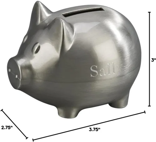 Miniatura 3 de Creative Gifts International Hucha pequeña de peltre de cerdo Alcancía de plata para niños o recién nacidos Acabado de níquel cepillado 3 x