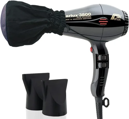 Parlux 3800 - Secador de pelo iónico y de cerámica ecológico negro + difusor de malla metálica M Hair Designs (paquete), ligero, de secado rápido,