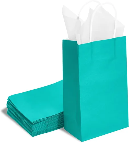 Miniatura 8 de DjinnGlory Paquete de 24 bolsas de papel verde azulado de tamaño pequeño de 9 x 5.5 x 3.15 pulgadas con 24 papel de seda blanco, bolsas azul