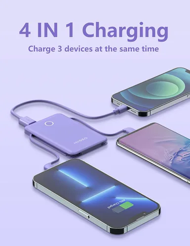 Miniatura 9 de Banco de energía ultra delgado de 6000 mAh, batería externa de 3 salidas compatible con iPhone, 2 unidades, color blanco y morado Paquete de 2 6000