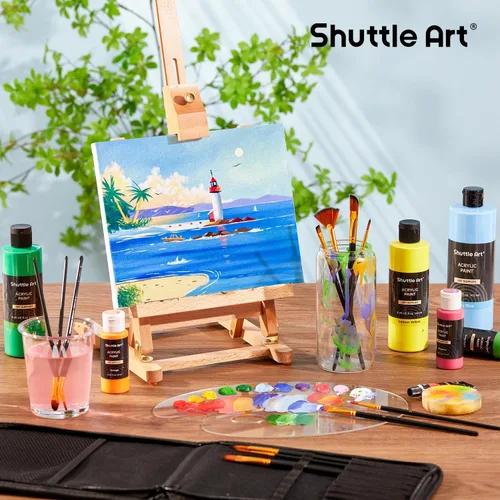 Miniatura 8 de Shuttle Art Juego de 12 pinceles de pintura con estuche, formas y tamaños surtidos para acrílico, acuarela, óleo y gouache, pinceles de artista Negro