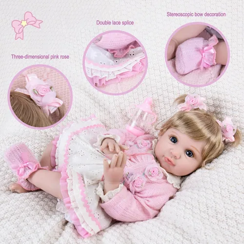 Miniatura 6 de Aori Muñecas Reborn de 22 pulgadas – Muñeca de bebé realista para niños de 3 años en adelante – Bebé recién nacido realista con traje rosa – Cuerpo