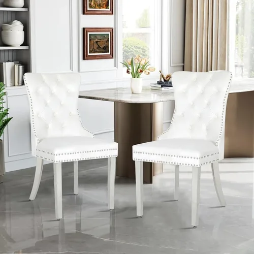 Miniatura 26 de Juego de 2 sillas de comedor de terciopelo, sillas de comedor modernas de lujo con patas de acero inoxidable doradas, sillas decorativas de cocina