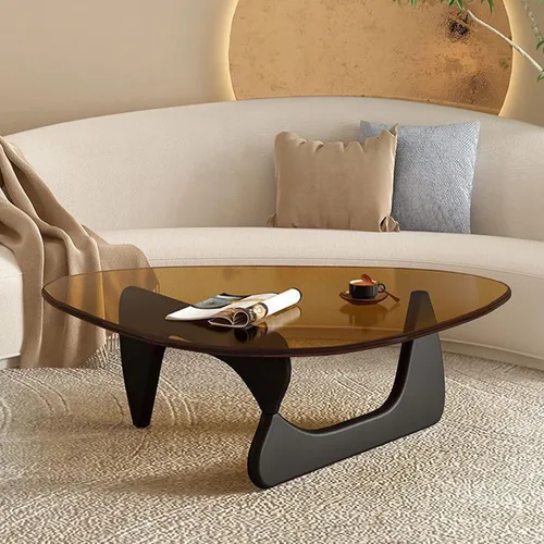 Mesa auxiliar de cristal triangular, simple y moderna, mesa auxiliar vintage de vidrio y base de madera maciza, mesa auxiliar para sala de estar,
