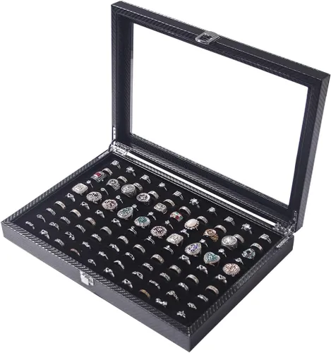 Miniatura 6 de Pengup Organizador de joyas con tapa de vidrio (fibra de carbono negra, anillos)