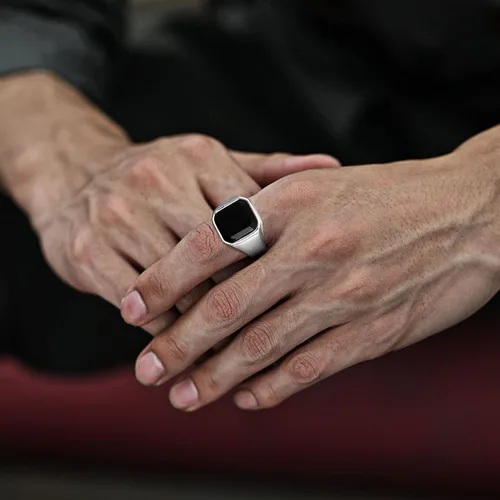 Miniatura 2 de Anillos de ónix negro para hombre, de acero inoxidable, con diseño de ágata cuadrada para hombres, anillo de pulgar meñique para papá, regalo