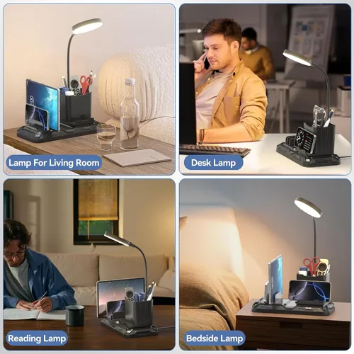 Miniatura 7 de KDD Lámpara de escritorio con puertos de carga USB A y C, luz de escritorio de lectura con bolígrafo y soporte para teléfono, luces de brillo