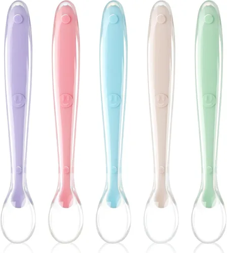 Vicloon Cucharas de silicona para bebés, 5 cucharas de alimentación para entrenamiento de bebés para la primera etapa de 4 meses, suministros de