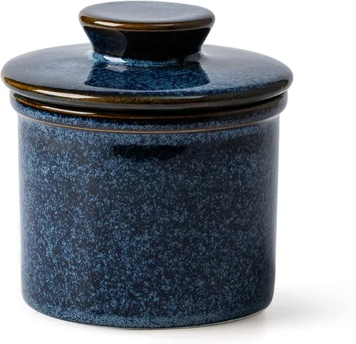 XELA Vasija de mantequilla de cerámica, el esmaltado reactivo original, plato de mantequilla con línea de agua para mantequilla fresca para untar -