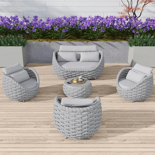 Miniatura 45 de TWT 3-Piece Woven Rope Patio Furniture Set, 2 Outdoor Armchairs with Soft Cushions + Round Aluminum Coffee Table, All-Weather Conversation Set for