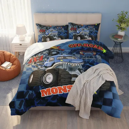 Miniatura 4 de AILONEN Juego de edredón de camión tamaño individual, juego de ropa de cama con temática de camión monstruo 3D sobre fondo azul, para niños y niñas