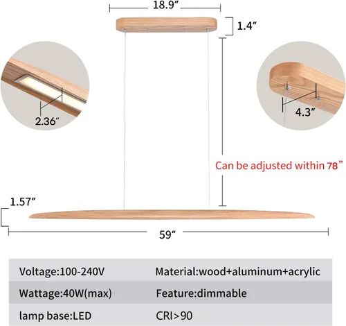 Miniatura 3 de YISDESIGN Lámpara Colgante Lineal LED de Madera de 59" 40W, Lámpara LED para Comedor Regulable, Lámpara Colgante para Comedor, Cocina, Isla, Mesa