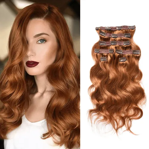 Miniatura 8 de viviaBella Extensiones de cabello humano ondulado con clip, color rojo cobre, 14 pulgadas, cabello virgen brasileño de doble trama, 7 unidades por
