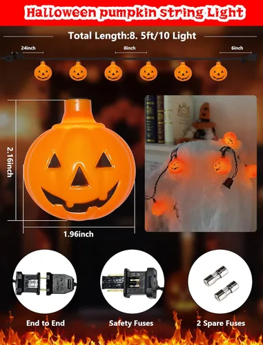 Miniatura 2 de Luces de calabaza de Halloween para exteriores, 10 luces LED de calabaza de 8.5 pies, impermeables, calabazas iluminadas para interiores y Linda