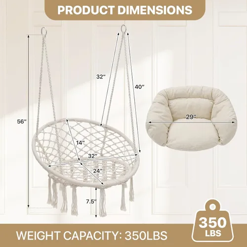 Miniatura 2 de Monibloom Silla hamaca colgante, silla columpio de macramé con cojín, capacidad de 350 libras para adultos y adolescentes, para porche al aire Beige