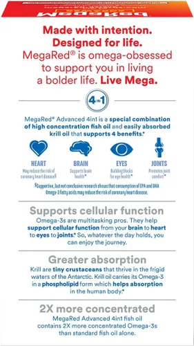Miniatura 3 de Megared Aceite de pescado omega-3 + aceite de krill de alta absorción 500 mg cápsulas blandas, MegaRed Advanced 4 en 1 (80 unidades en una botella)