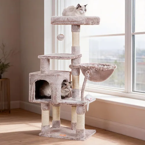 Miniatura 21 de Heybly Poste rascador para gatos, torre de árbol pequeño para gatos con 3 postes de sisal completos, cama de felpa extraíble, cepillo de aseo