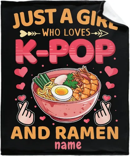 Manta Personalizada Girl Loves Ramen Súper Suave Ligera Manta Cómoda Esponjosa Edredón para Cama Sofá Todas las Estaciones Cálida 50"x40" Pequeña