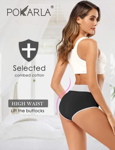 Miniatura 2 de POKARLA Ropa interior de algodón de cintura alta para mujer, suave, transpirable, bragas de cobertura completa, pantaletas elásticas, ropa