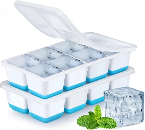 Miniatura 9 de Bandejas grandes para cubitos de hielo con tapa, paquete de 2 moldes apilables de silicona para congelador, fácil liberación, 16 bandejas de hielo