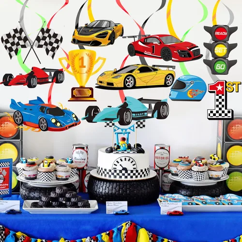Miniatura 6 de 20 piezas de decoración de remolinos colgantes de autos de carreras, decoraciones de fiesta de cumpleaños, banderas a cuadros, remolinos
