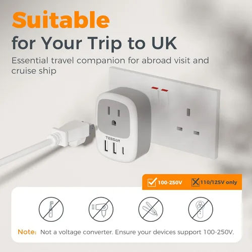 Miniatura 5 de TESSAN Ireland - Paquete de 2 adaptadores de enchufe para viajes, adaptador de enchufe TESSAN Irlanda con 3 puertos USB (1 USB C), toma de corriente