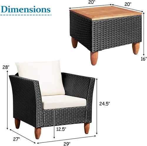 Miniatura 2 de COSTWAY Juego de muebles de ratán de 3 piezas, juego de sillas de mimbre para exteriores con mesa de centro de madera de acacia y cojín lavable