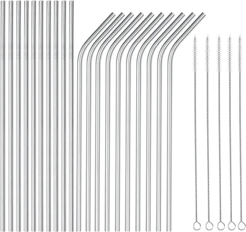 wholesale Juego de 25 piezas de pajitas de acero inoxidable de 8.5 pulgadas pajitas de metal para beber reutilizables para 20 oz (10 rectas | 10