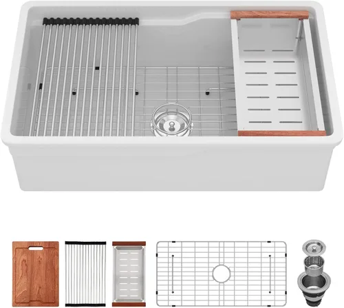 Miniatura 11 de Sarlai Fregadero de cocina blanco de 27 pulgadas de 27 x 19 pulgadas, fregadero de cocina blanco de doble caída y montaje inferior, de arcilla
