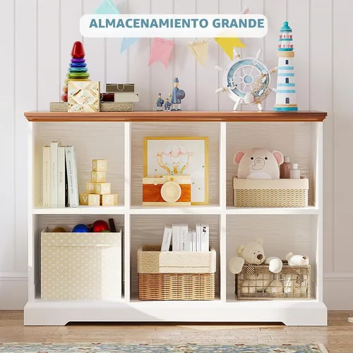Miniatura 4 de IRONCK Organizador de almacenamiento de 6 cubos, estante de madera con almacenamiento, estantería de granja para dormitorio, sala de estar y oficina