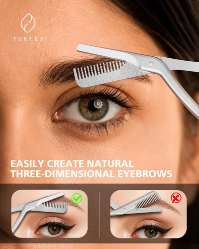 Miniatura 5 de FERYES Tijeras recortadoras de cejas con peines, tijeras de acero inoxidable y peine en uno, tijeras de precisión para recortar cejas para mujeres