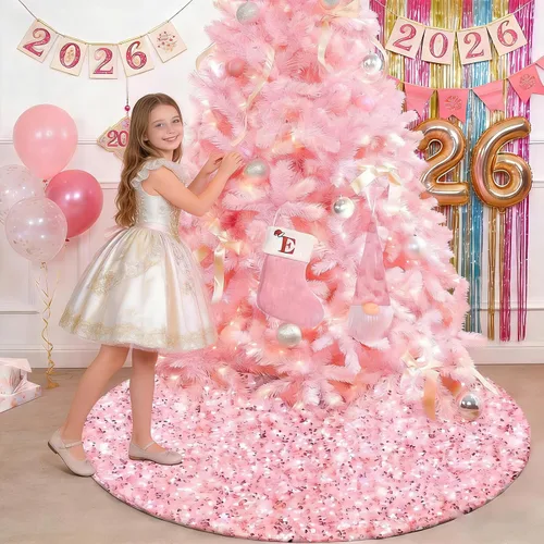 Miniatura 5 de yuboo Falda de árbol de Navidad de lentejuelas rosas de 48 pulgadas, falda de árbol de Navidad con purpurina rosa rubor para una amplia gama