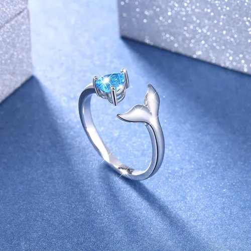 Miniatura 4 de S925 Sterling Sliver Dolphin Mermaid Tail Ring Love Heart Blue Cubic Zirconia Open Ring,7#