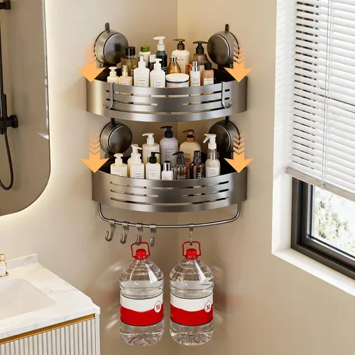 Miniatura 5 de Organizador de ducha de esquina con ventosa, paquete de 2 estantes de ducha de esquina de aluminio gris sin perforaciones con barra de toalla