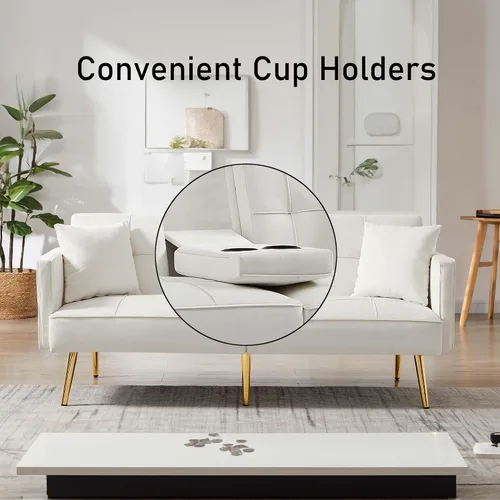 Miniatura 3 de Sofá cama tipo futón convertible de 69 pulgadas, 2 portavasos de terciopelo moderno con patas de metal, bolsillo lateral, sofá biplaza tapizado