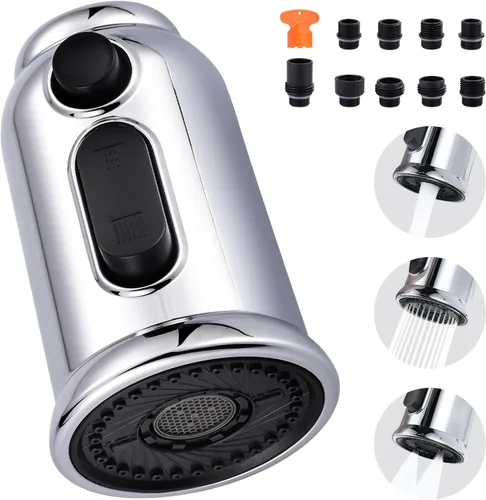 Reemplazo de cabezal de grifo extraíble, cabezal rociador de grifo de cocina de 3 funciones con 9 adaptadores, boquilla de pulverización de Cromo